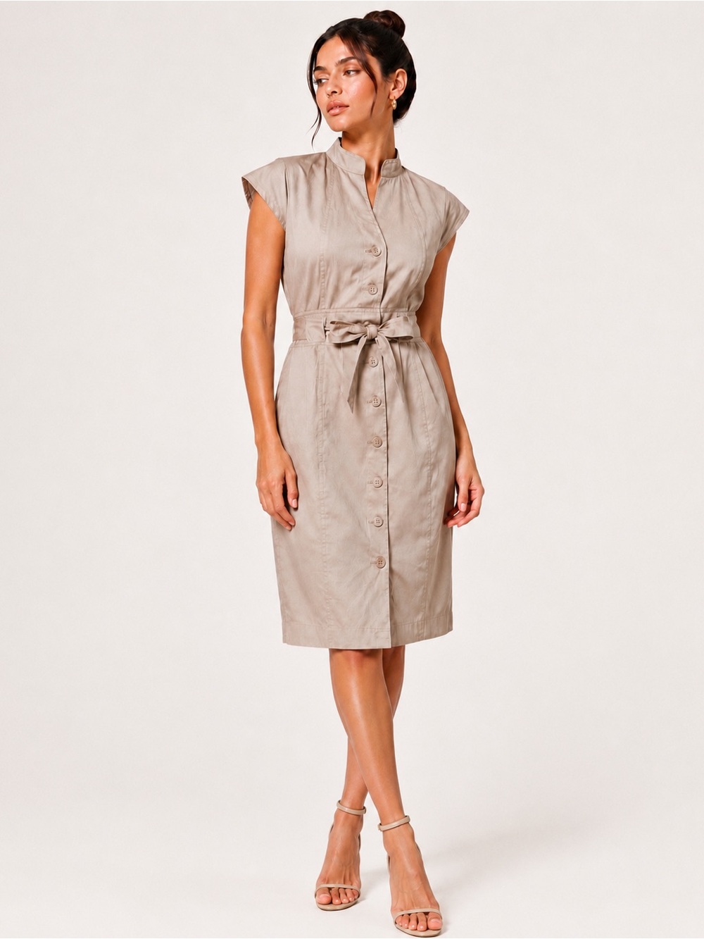 Calvin Klein Safari Sheath Midi Beige Belted Button Front Mock Neck Dress 12 - Picture 3 of 15